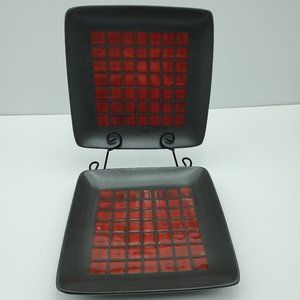 Home Tamarask Square Salad Plates Dark Red Squares on Black Dessert Plates